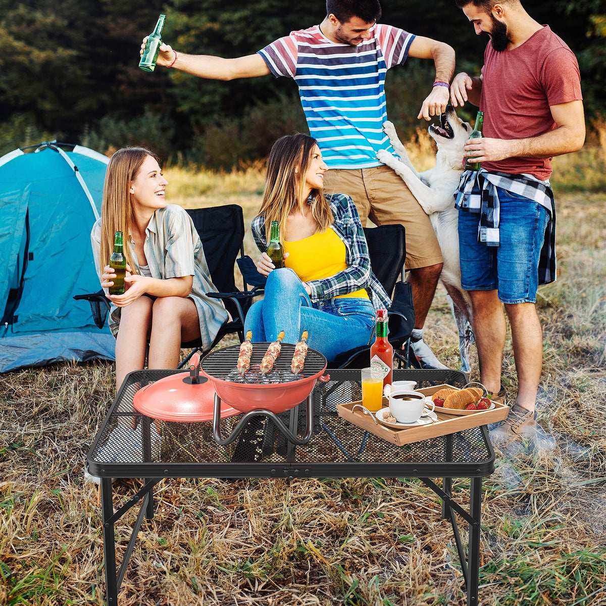 3 Ft Folding Camping Table with Mesh Desktop - Portable Aluminum Grill Side