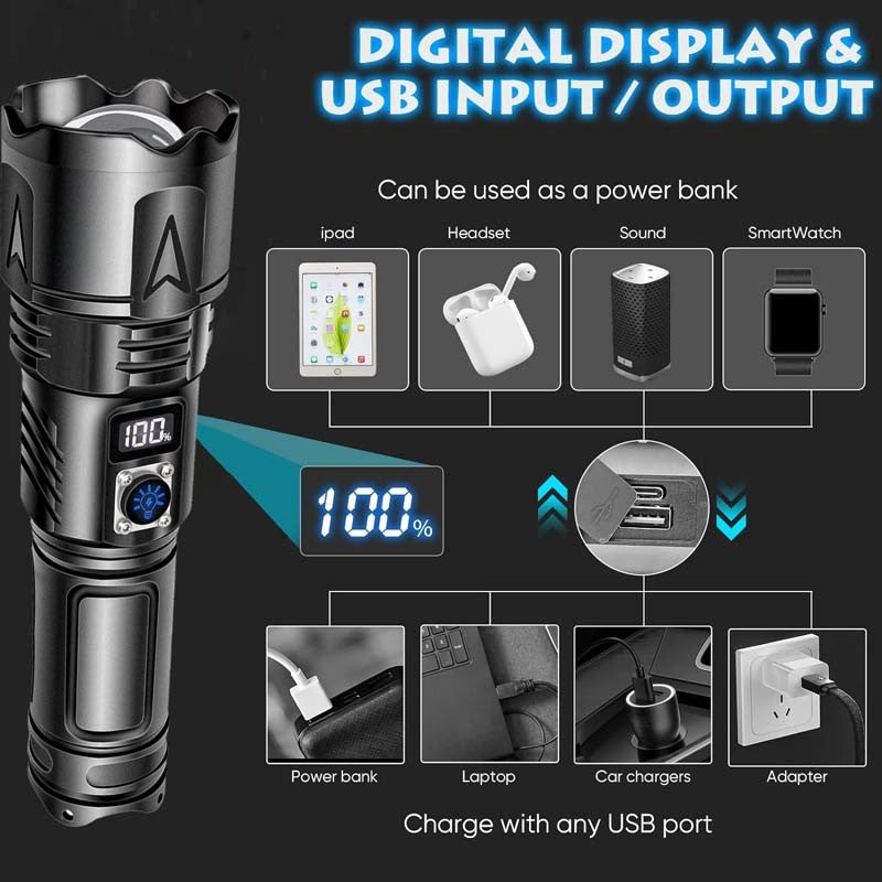 High Power Rechargeable LED Flashlight 9900000LM Waterproof Long Range Camping Light
