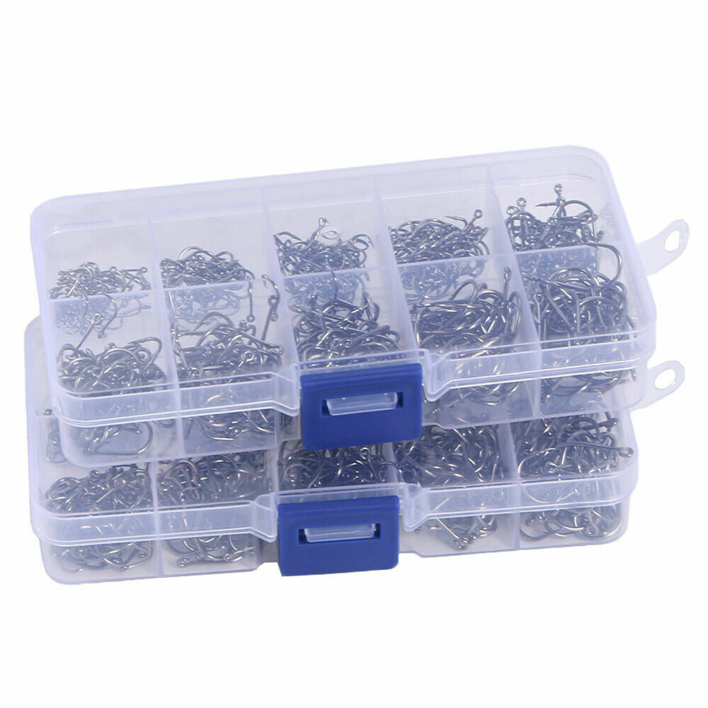 1000PCS Fishing Hooks Set - 10 Sizes Barbed Saltwater & Freshwater Tackle Kit with Storage Box