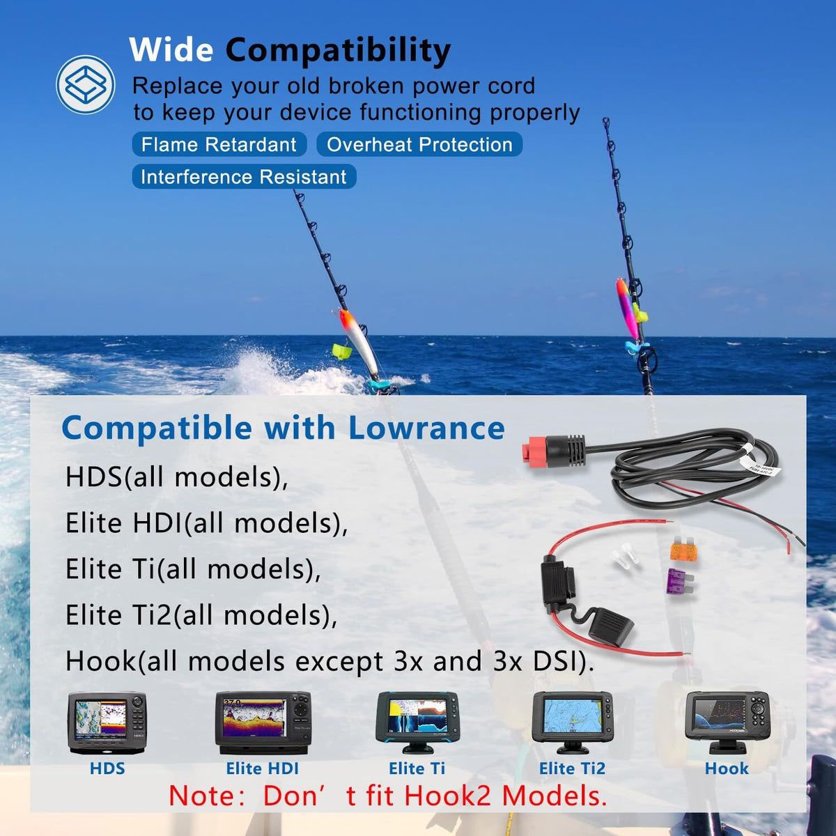 2-Wire Power Cable for Lowrance HDS Elite Ti Hook Mark - 3ft Replacement