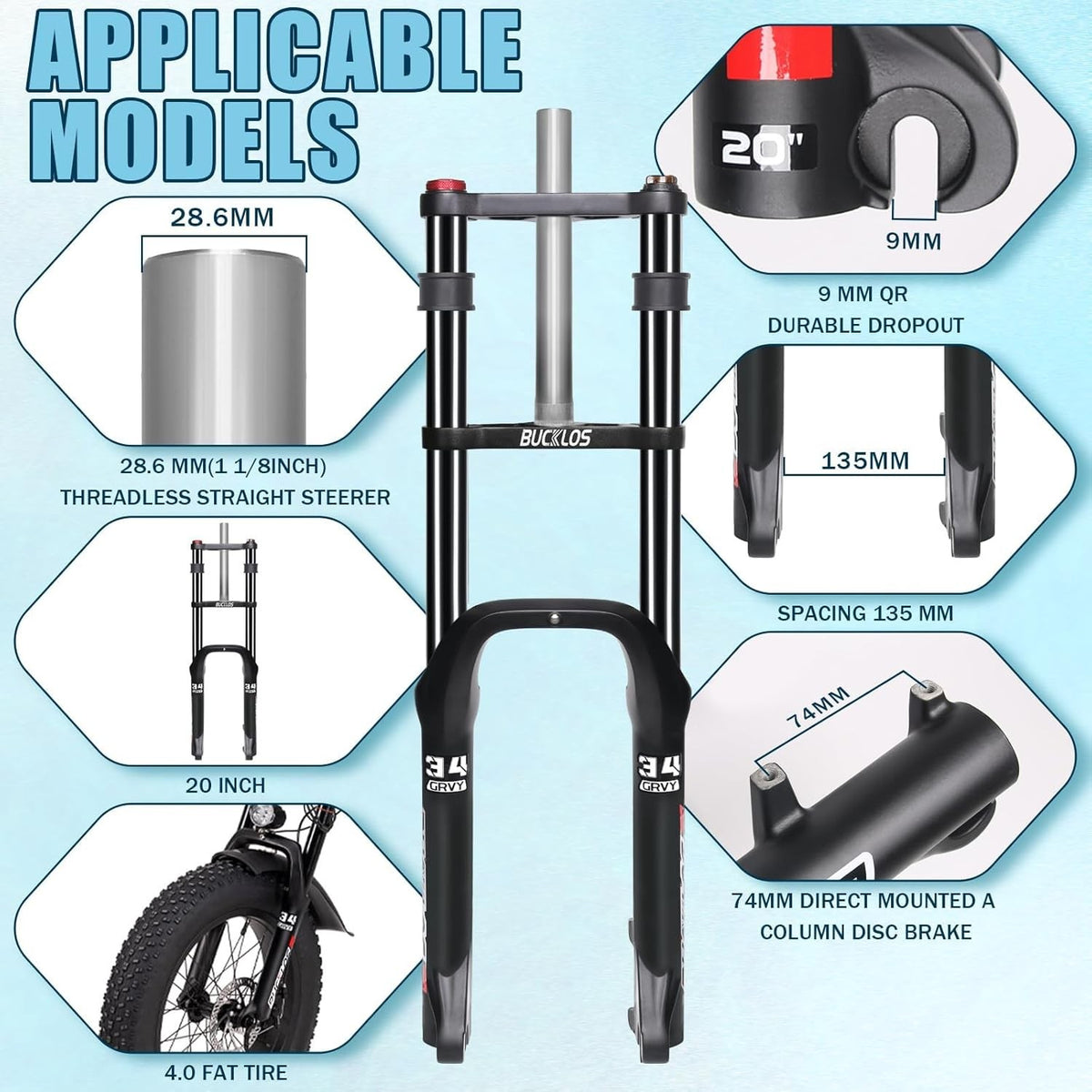 26 Inch Fat Tire Snow Electric MTB Bike Suspension Fork - 180mm Travel