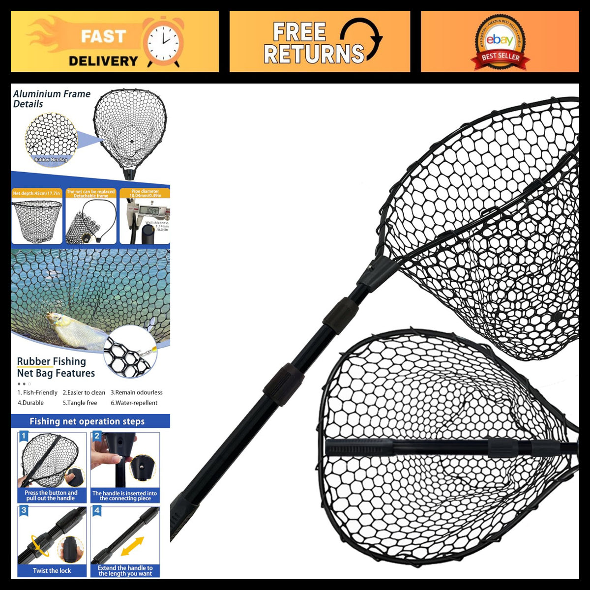 Telescoping Rubber Fishing Net 64-Inch Landing Net for Saltwater & Kayak Fishing