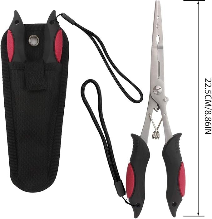 Long Nose Fishing Pliers with Non-Slip Handle & Lanyard - Multi-Function Stainless Steel Hook Remover & Line Cutter