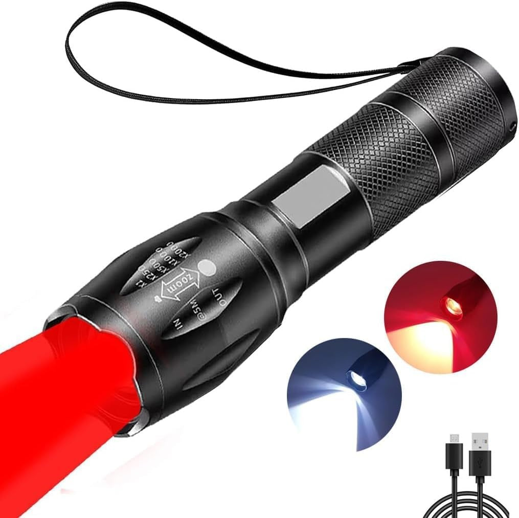 Rechargeable LED Flashlight 2-in-1 Red & White Portable Torch for Outdoor Use