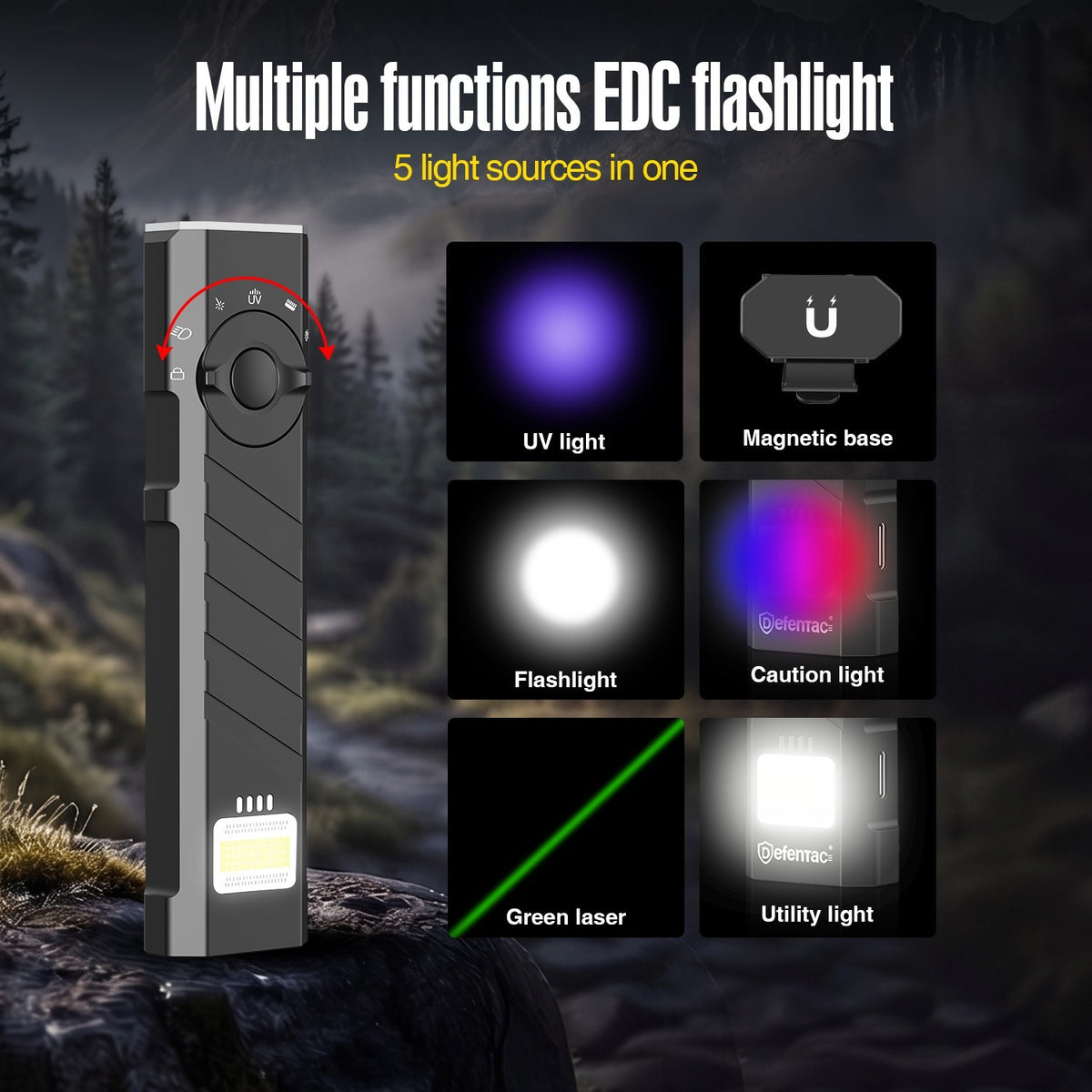 Aluminum LED Flashlight with Green Beam Purple LED Multi-Function Utility Light