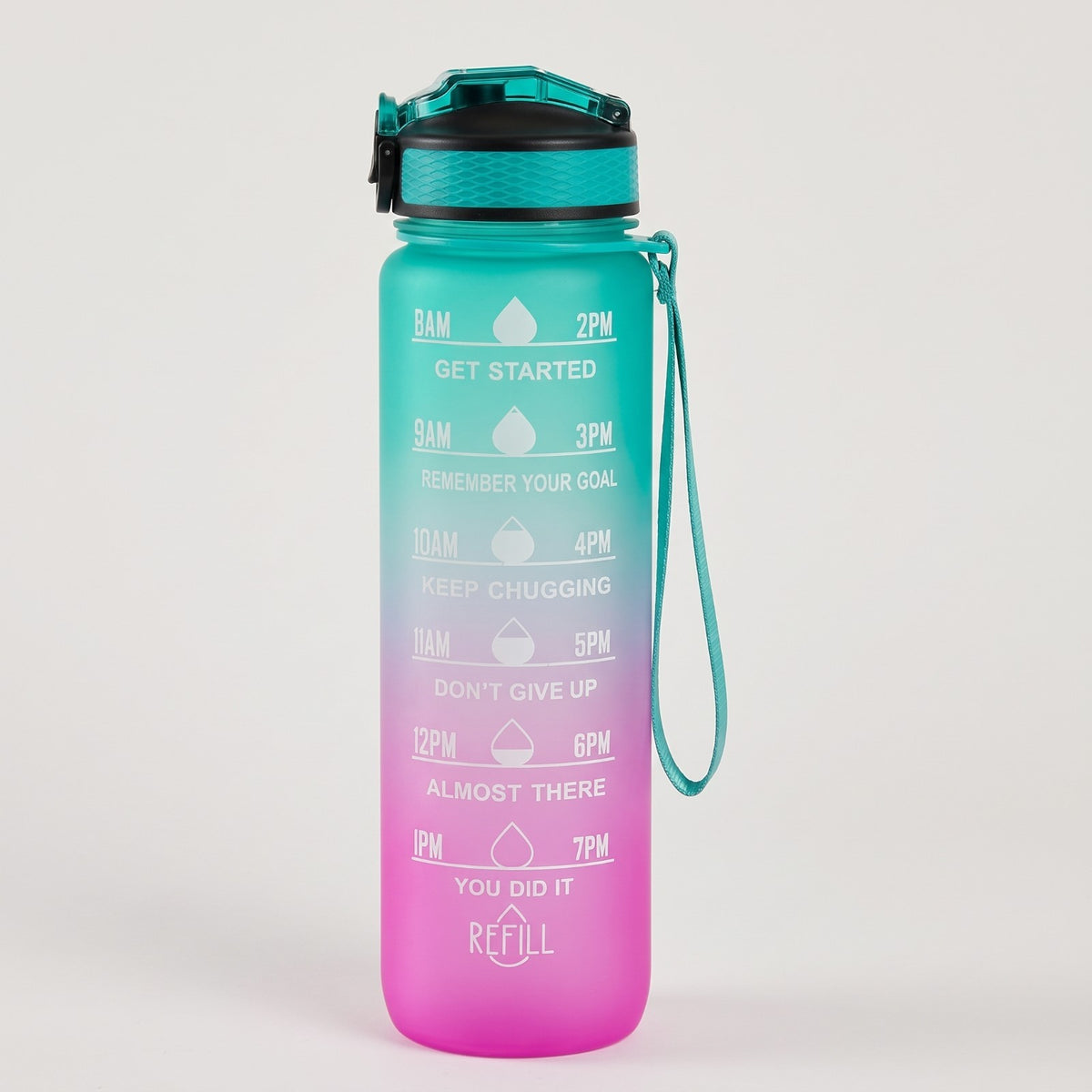 1L Motivational Water Bottle with Time Marker and Straw - BPA Free Tritan, Green Pink Gradient