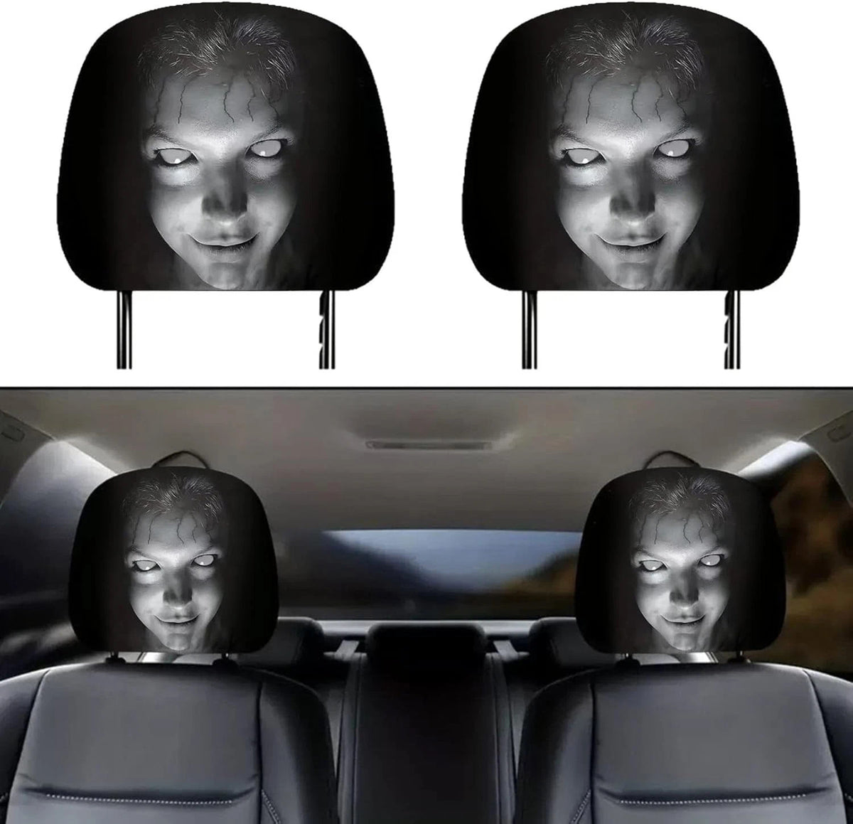 Halloween Ghost Face Car Headrest Covers Set of 2 or 4 - Horror Prank Accessories