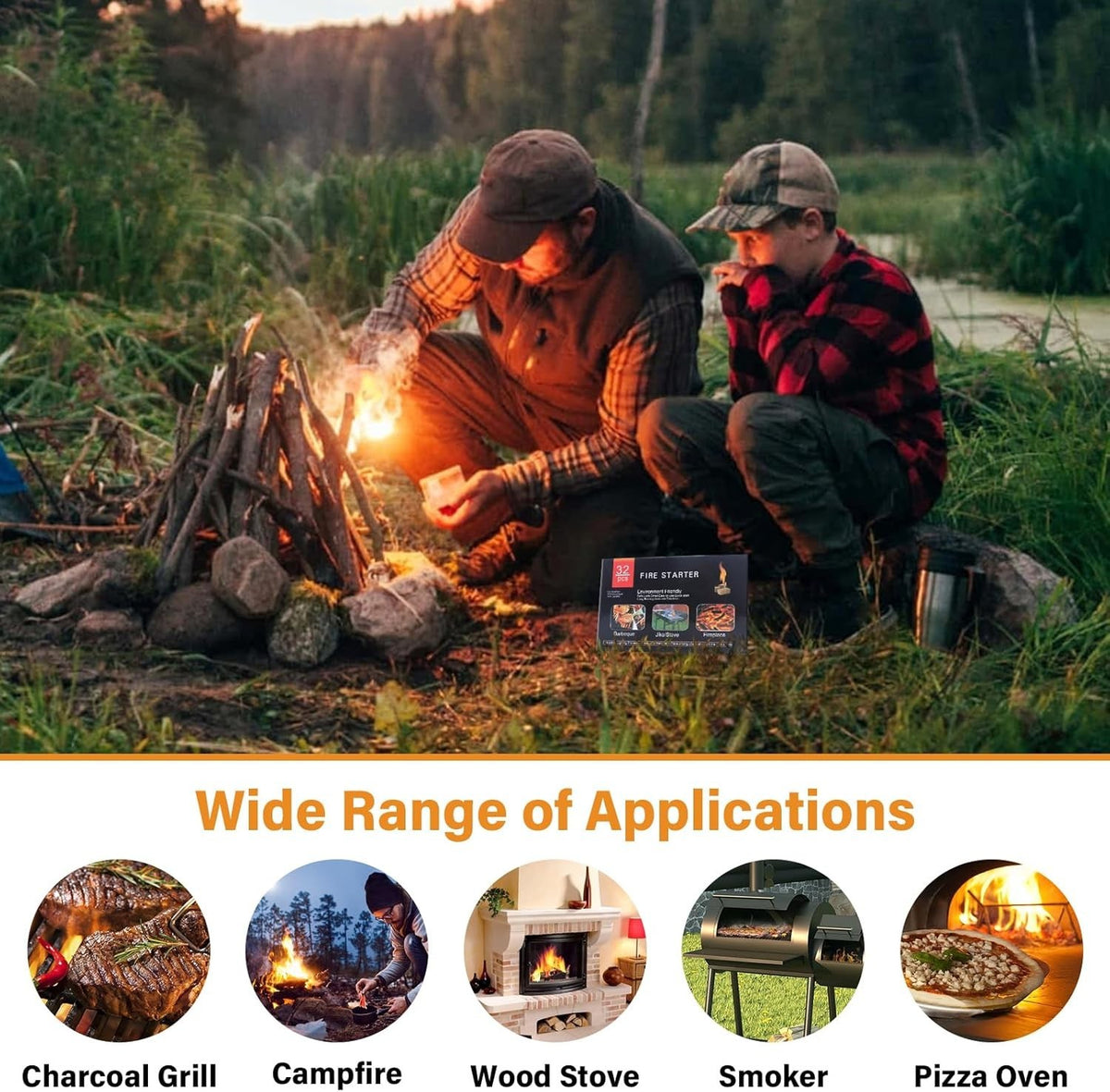 Fire Starter Squares 64 Pack - Odorless, Waterproof Camping & Fireplace Igniters