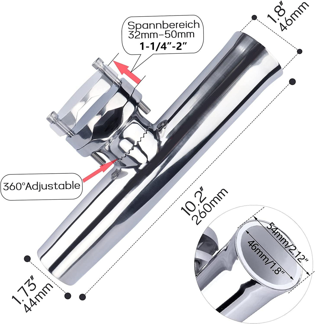 Marine Fishing Rod Holder Stainless Steel Clamp-On 1-1/4"-2" Rod Rack
