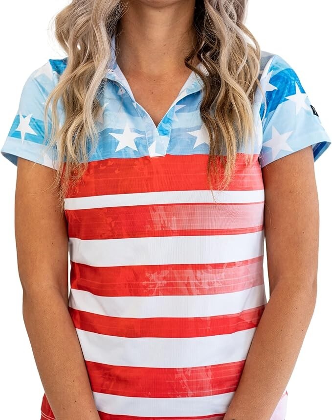 Women's Patriotic Golf Polo Shirt - Red, White, Blue USA Flag Performance Top 3XL