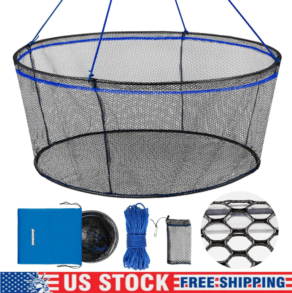 Foldable Heavy Duty Fishing Net with Rope - Rubber Coated Landing Net for Minnows