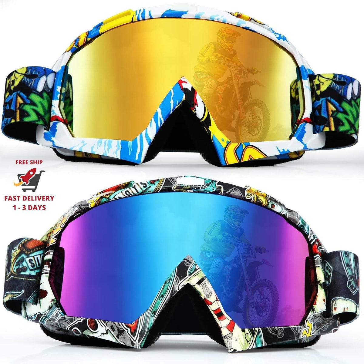 Adult ATV Goggles Anti-Fog Racing Off-Road Protective Eyewear - 2 Pack