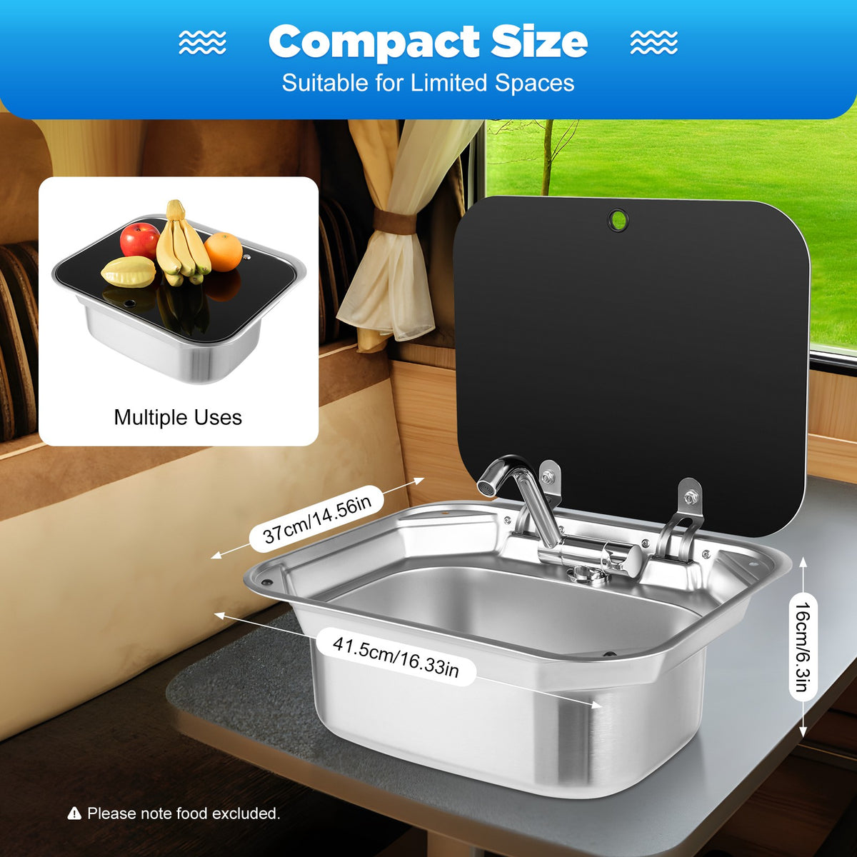 RV Caravan Stainless Steel Hand Wash Basin with Lid and Faucet