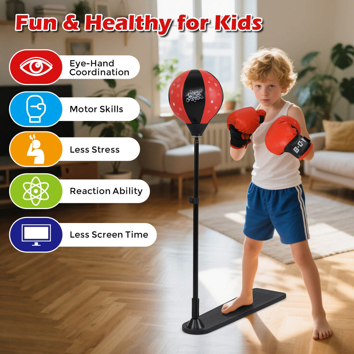 Kids Punching Bag Set with Gloves Adjustable Height Boxing Gear for Children