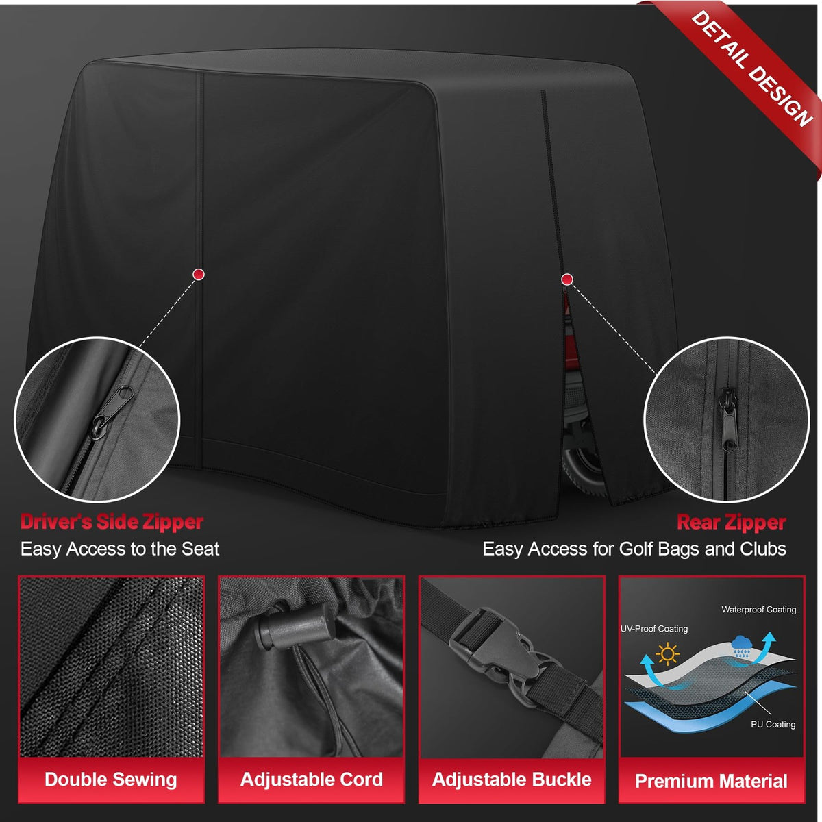 Heavy-Duty Waterproof 6 Passenger Golf Cart Cover - XXL Black