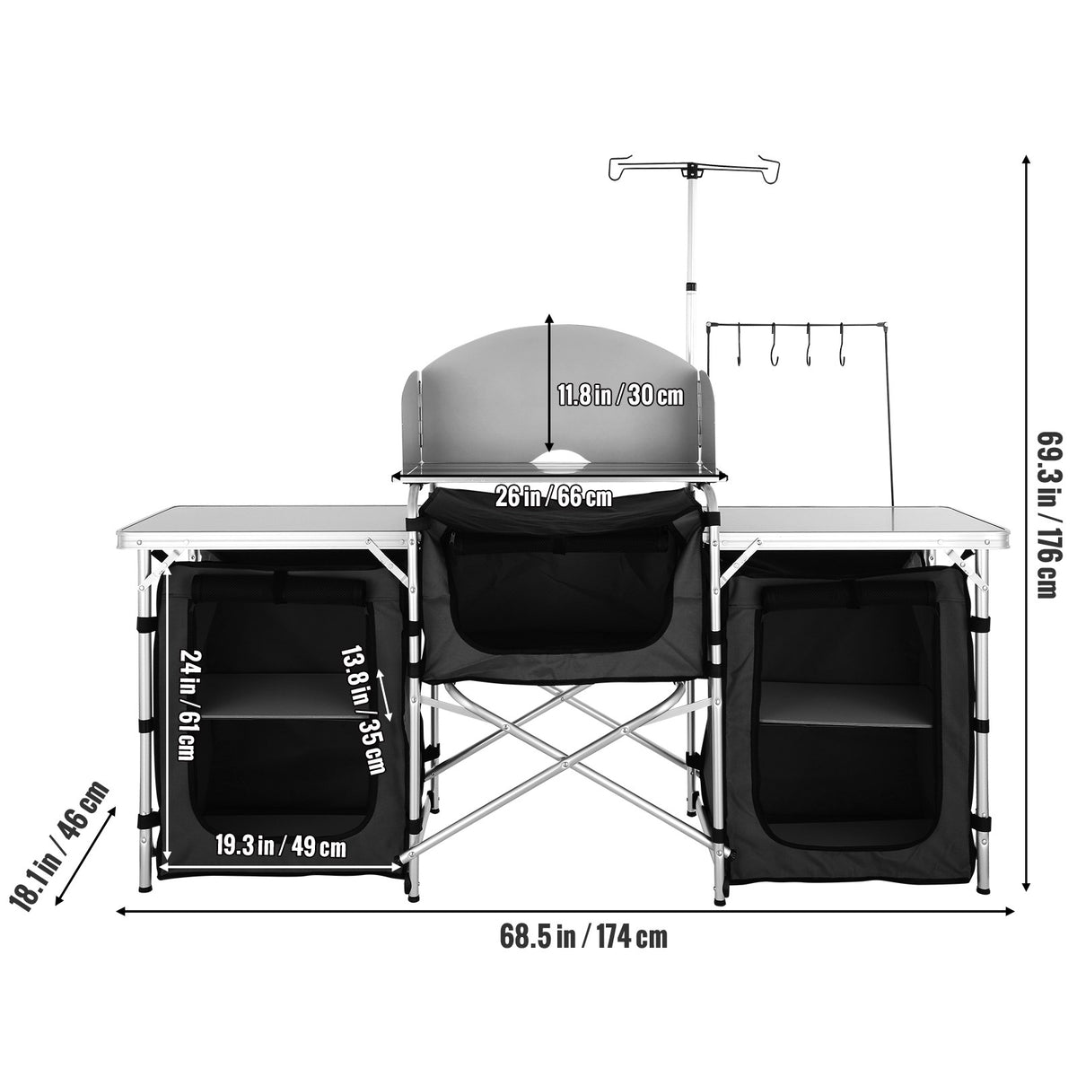 Portable Camping Kitchen Table with 3 Cupboards Folding Outdoor Food Prep Station