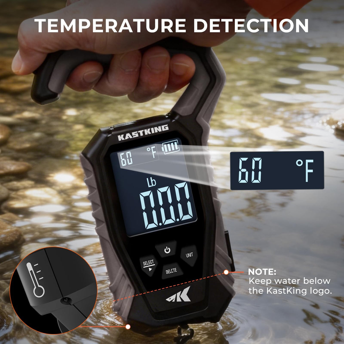 120 lb Waterproof Fishing Scale with Large Display, Tare & Temperature Sensor