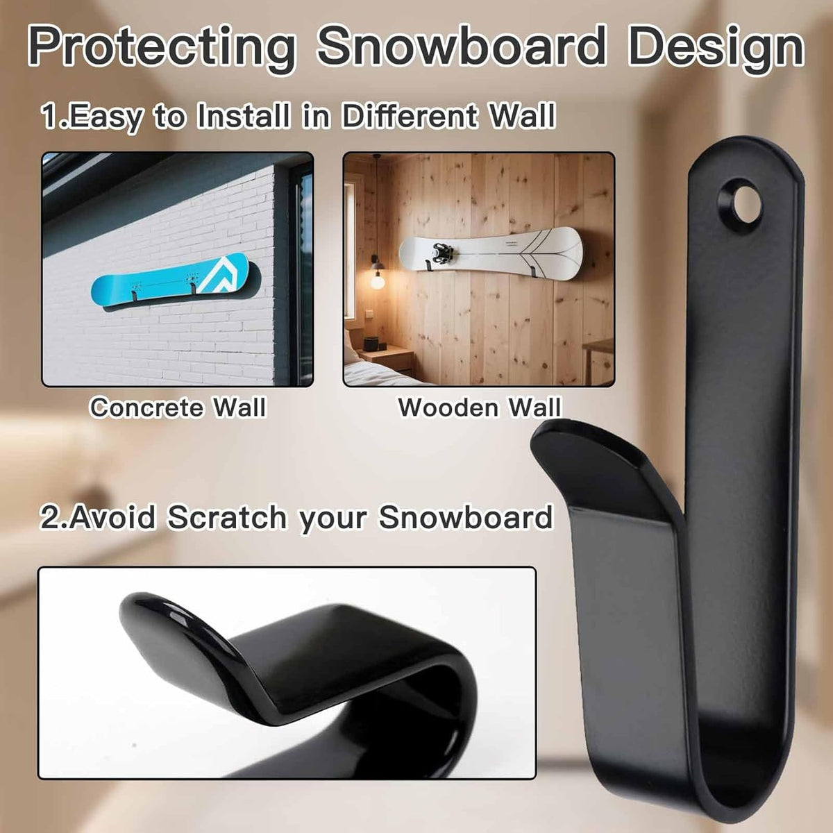 Snowboard & Skateboard Wall Mount Rack - Heavy Duty, Adjustable Display Hooks