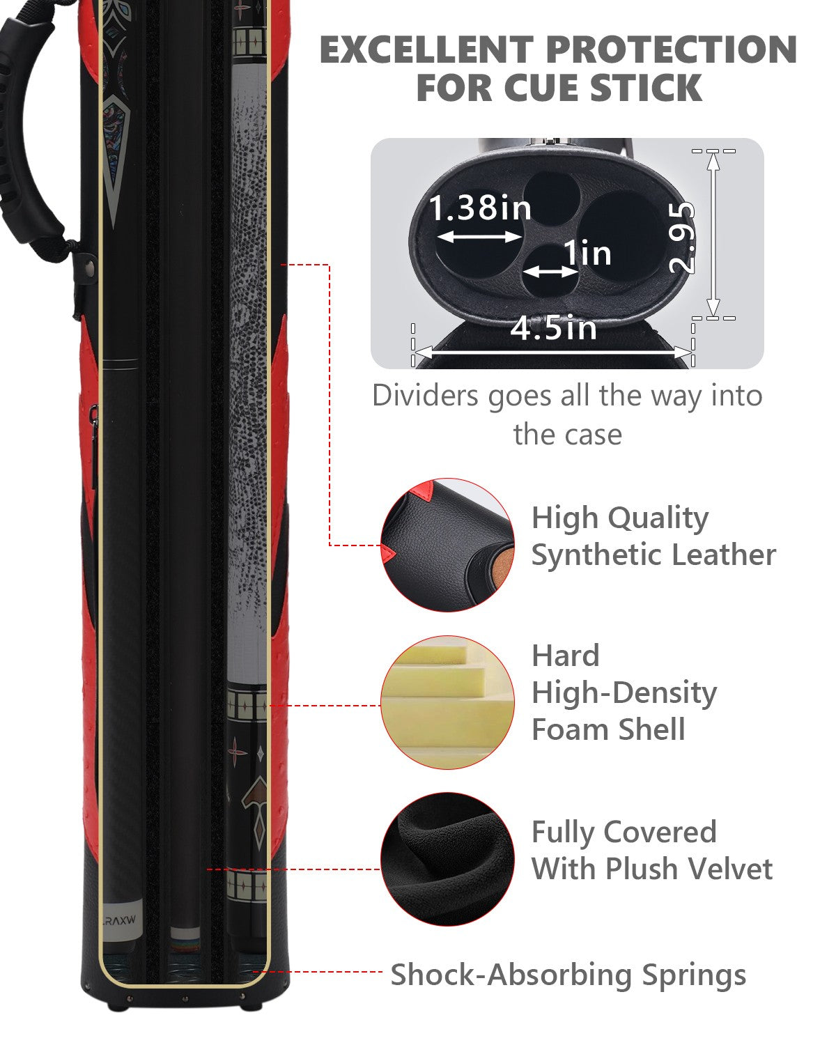 2x2 Hard Pool Cue Case 2B2S Spring Loaded PU Leather 2 Pockets