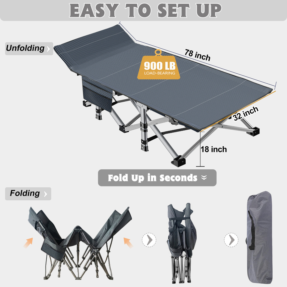 Heavy Duty Folding Camping Cot for Adults Supports 900 lbs XL Large Bed