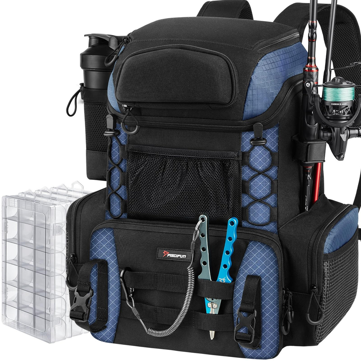 Fishing Tackle Backpack with Rod Holders & Waterproof Rain Cover - Large Capacity
