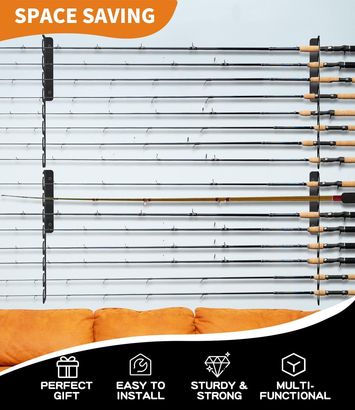 Ceiling Fishing Rod Holder Rack - Vertically & Horizontally Wall & Ceiling Mount Storage for Up to 16 Rods