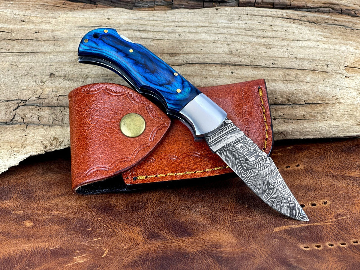 Handmade Damascus Folding Knife with Multiple Color Variants