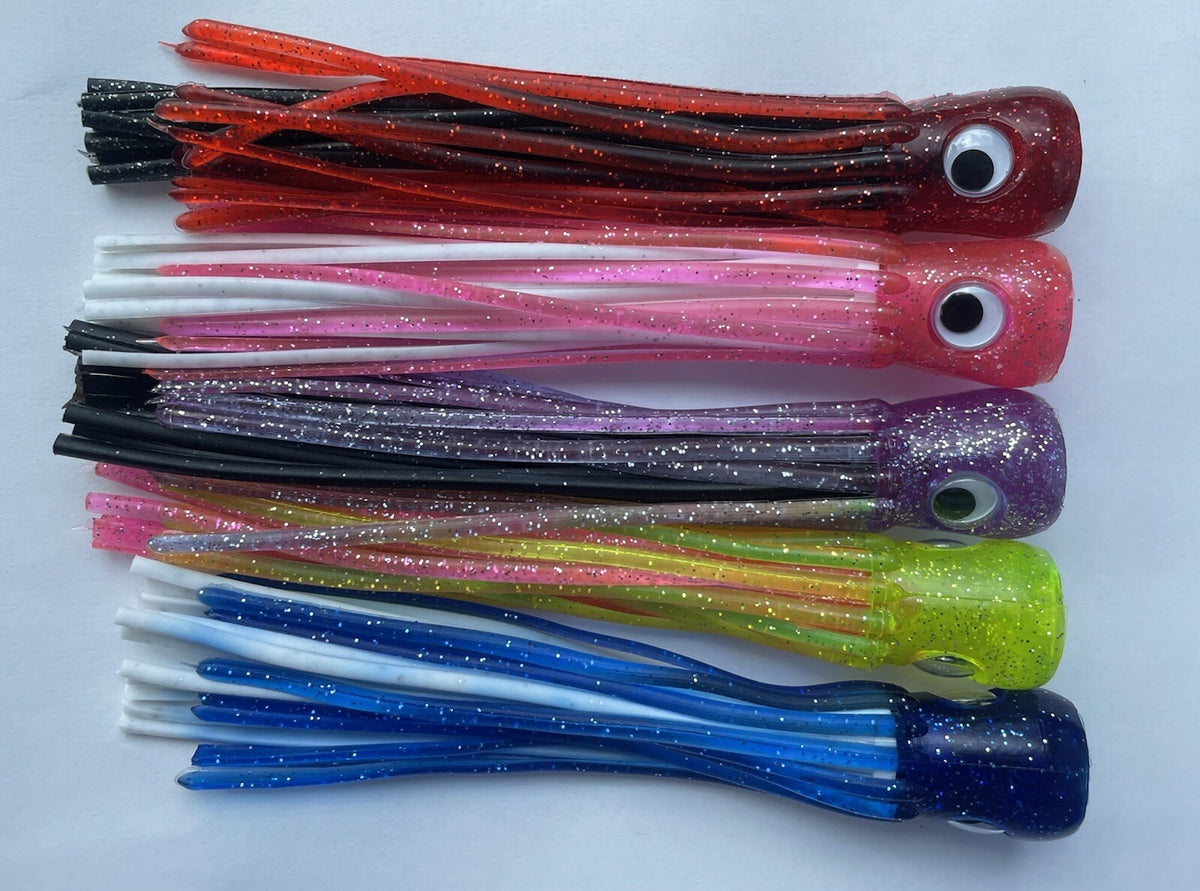 Fishing Trolling Skirts 5 Pack - Glitter Double Skirted Lures for Tuna Mahi Wahoo