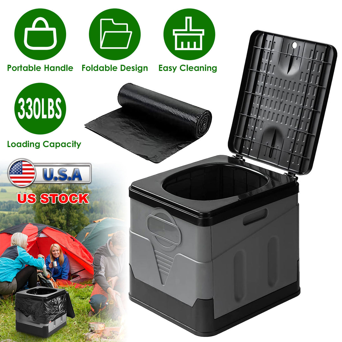 Portable Camping Toilet Foldable Outdoor Travel Potty with Lid and Trash Bags