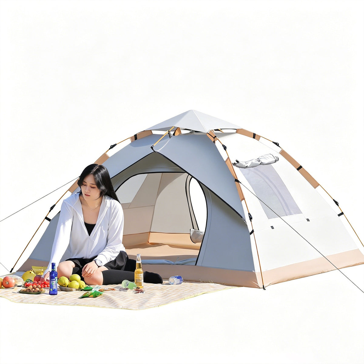 Pop-Up 3-4 Person Camping Tent Beige Waterproof Sun Shelter with Doors & Windows
