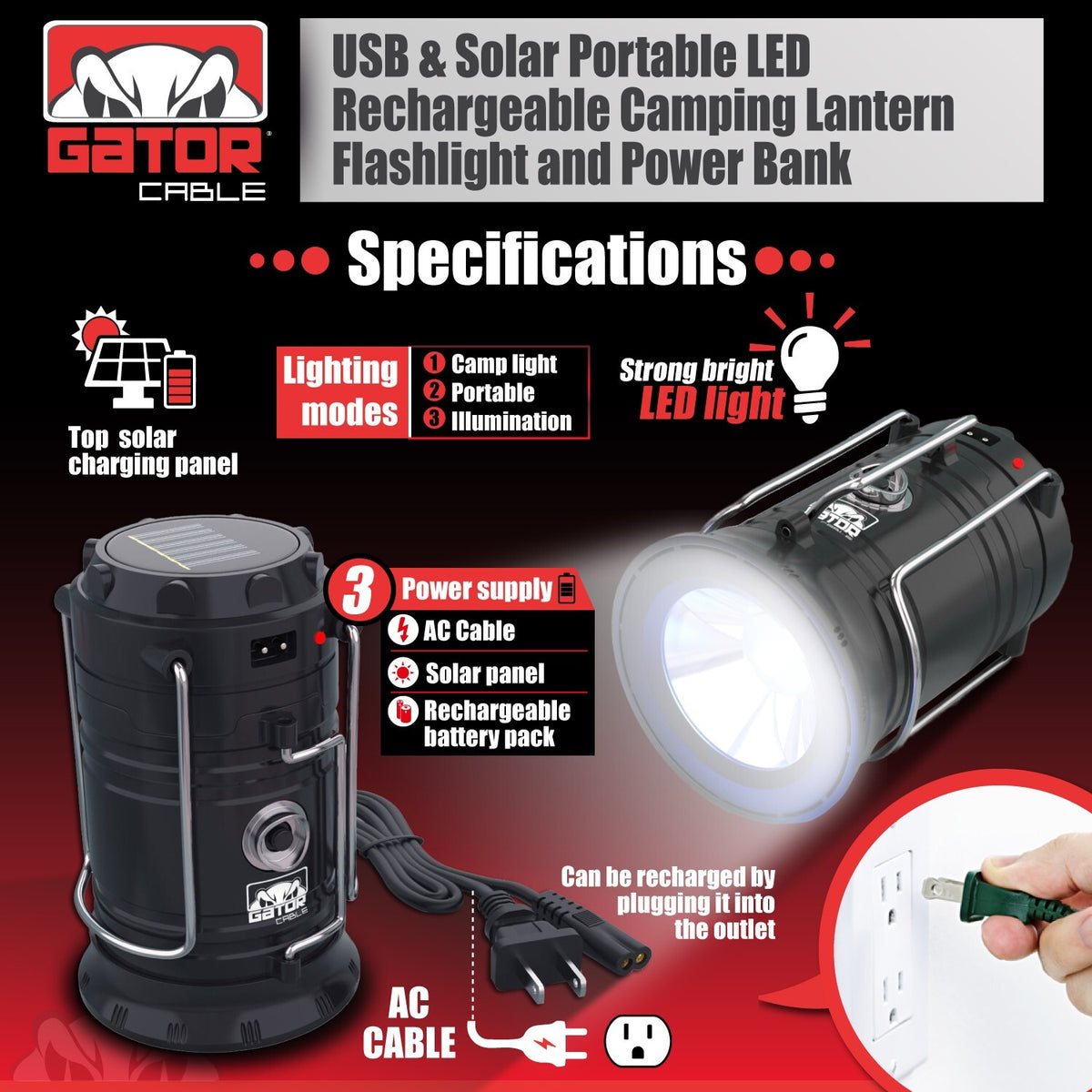 Rechargeable Solar Camping Lantern & Flashlight with Power Bank - 7 LED