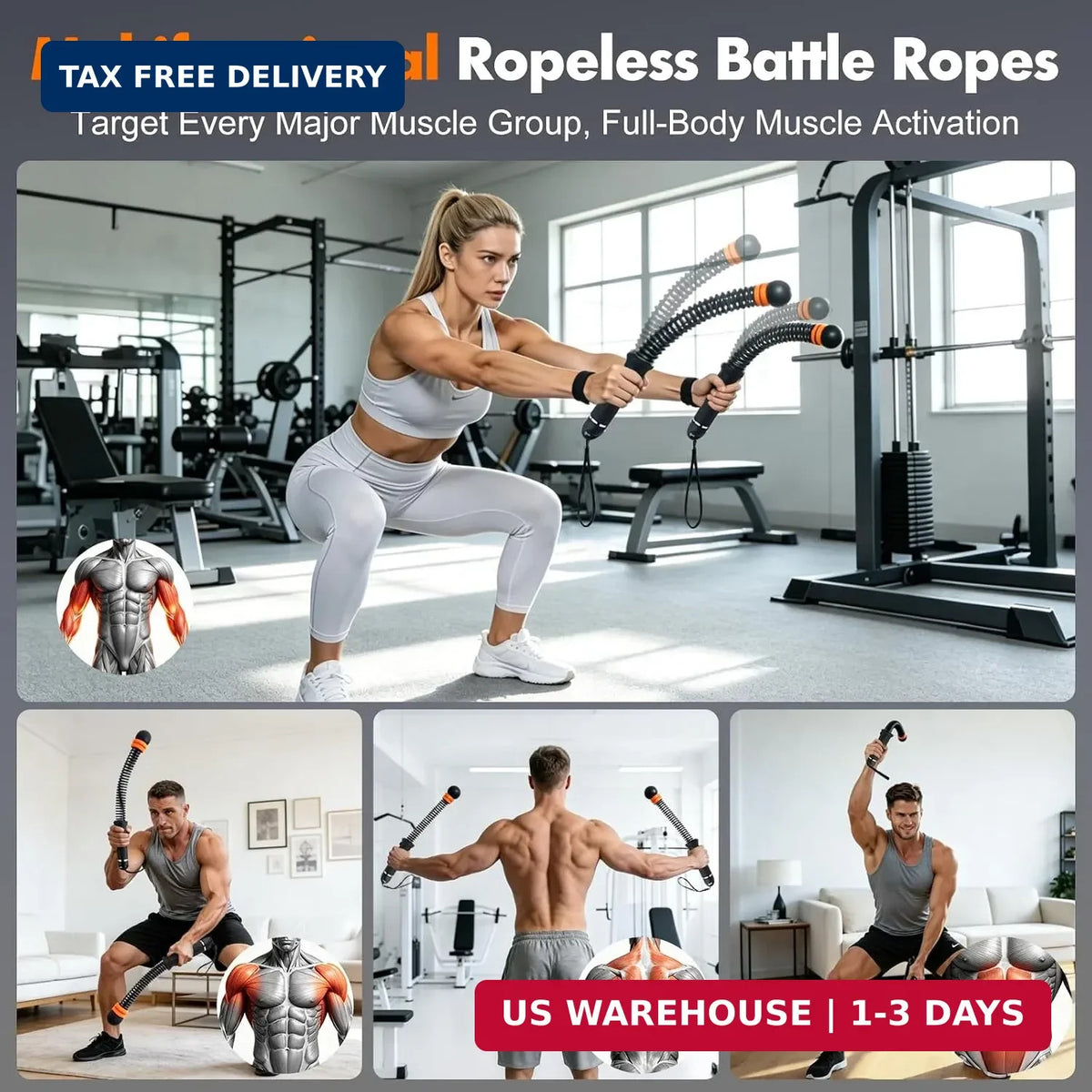 Adjustable Weighted Battle Ropes for Home Gym HIIT Workout - Cordless Fitness Rope