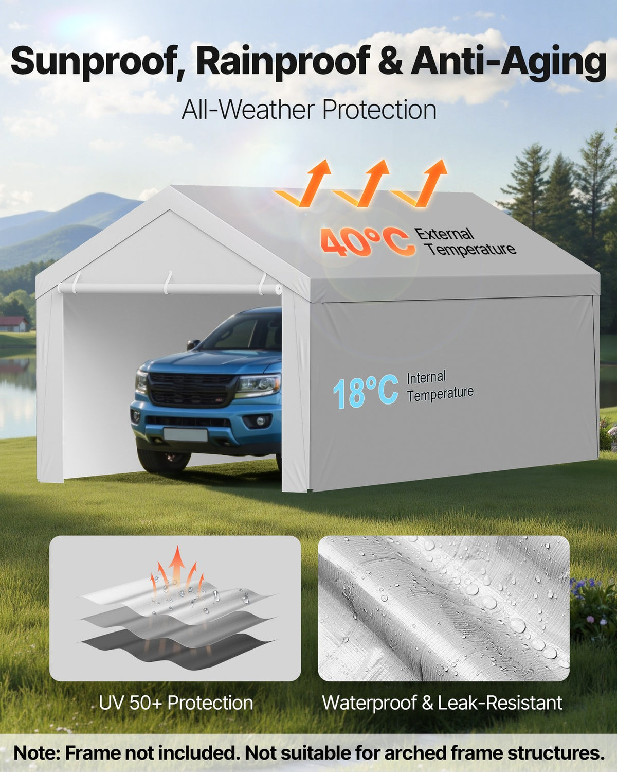 13x20ft Carport Replacement Canopy Cover with Sidewalls - Waterproof & Wind-Resistant