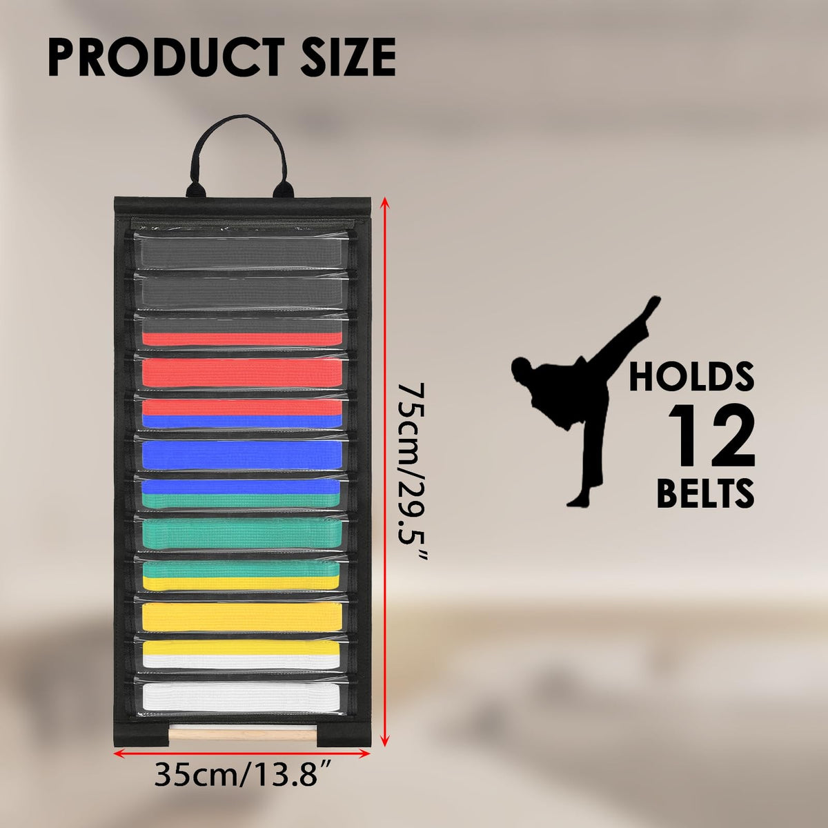 Wall-Mounted 12-Belt Display Rack with Dust-Free Slot Shelves, Martial Arts Organizer