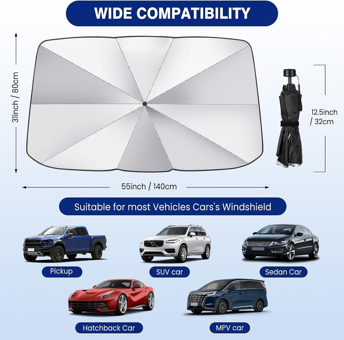 Foldable Car Windshield Sun Shade Umbrella for Front Windows - Large UV Blocker
