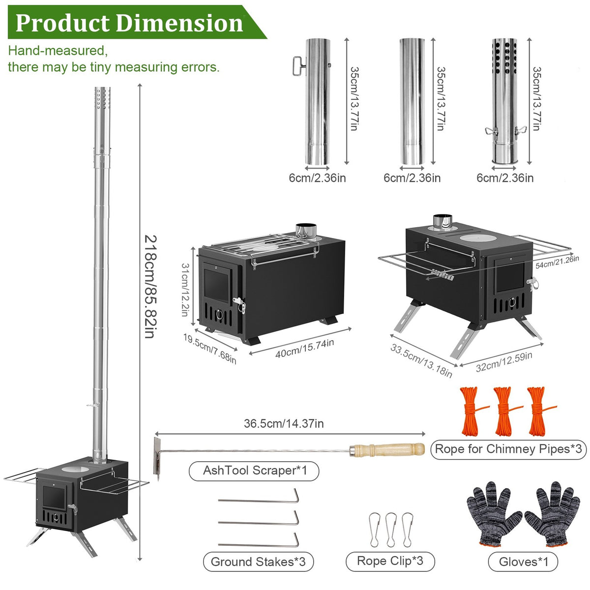 Portable Wood Burning Stove with Chimney Pipes for Camping and Outdoor Heating