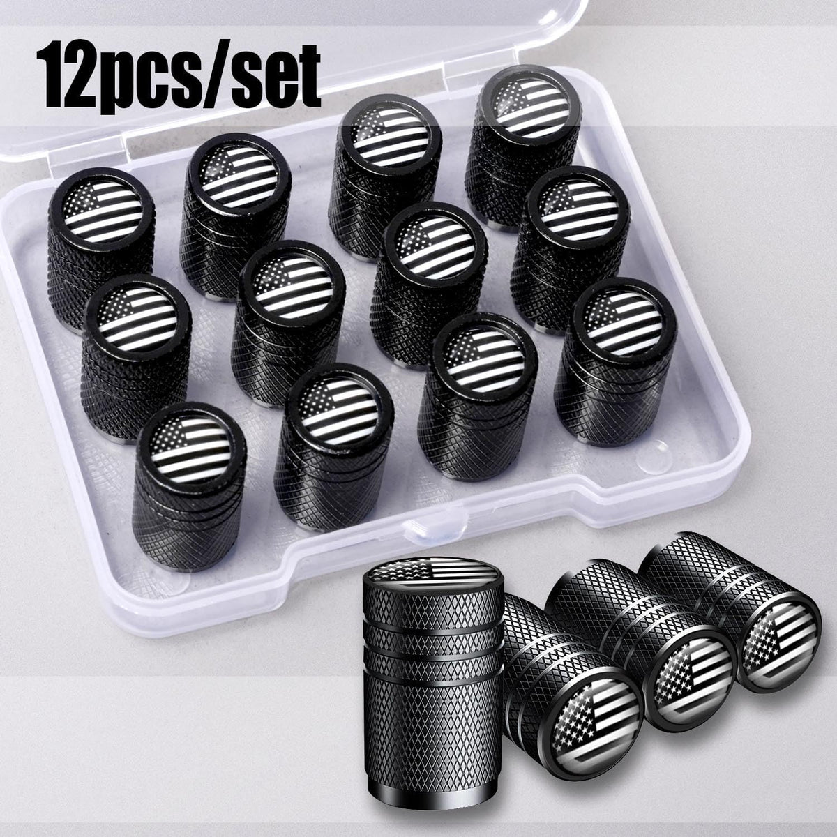 American Flag Tire Valve Stem Caps - Aluminum USA Flag Covers for Cars & Bikes - Pack of 12