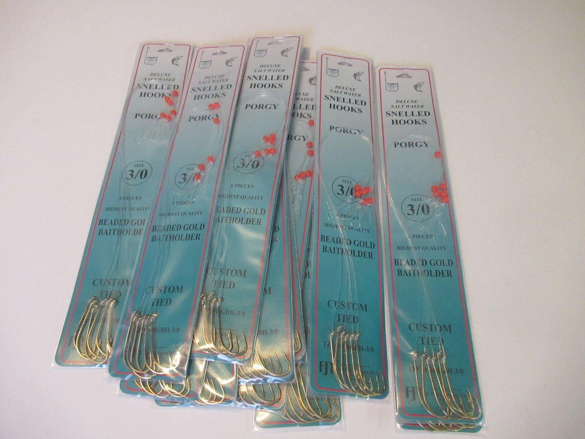Beaded Gold Fish Hooks for Porgy Sea Bass - Snelled Bait Holder Rig 12" Mono
