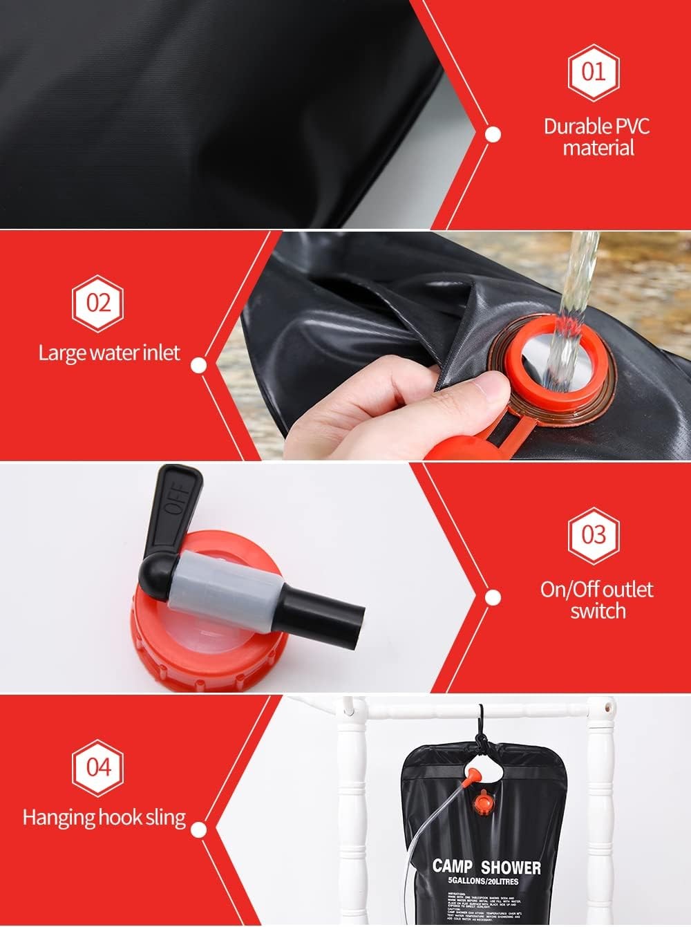 2 Pack 20L Solar Camping Shower Bags with Hose & Head - Portable Hot Water