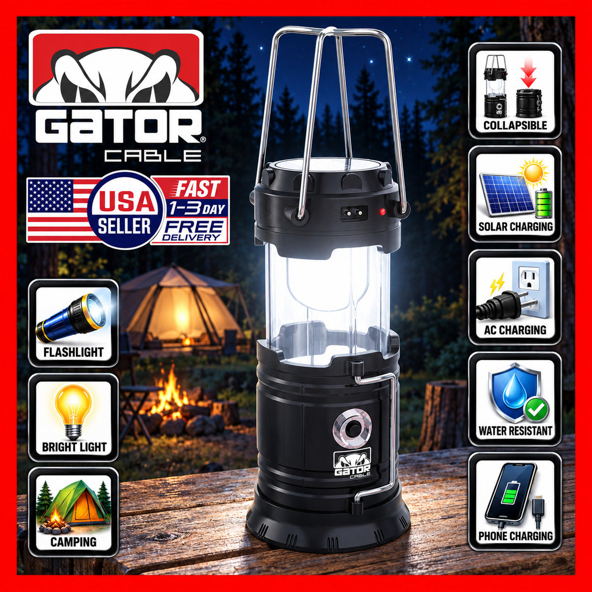Solar Rechargeable LED Camping Lantern & Power Bank - Portable Emergency Light
