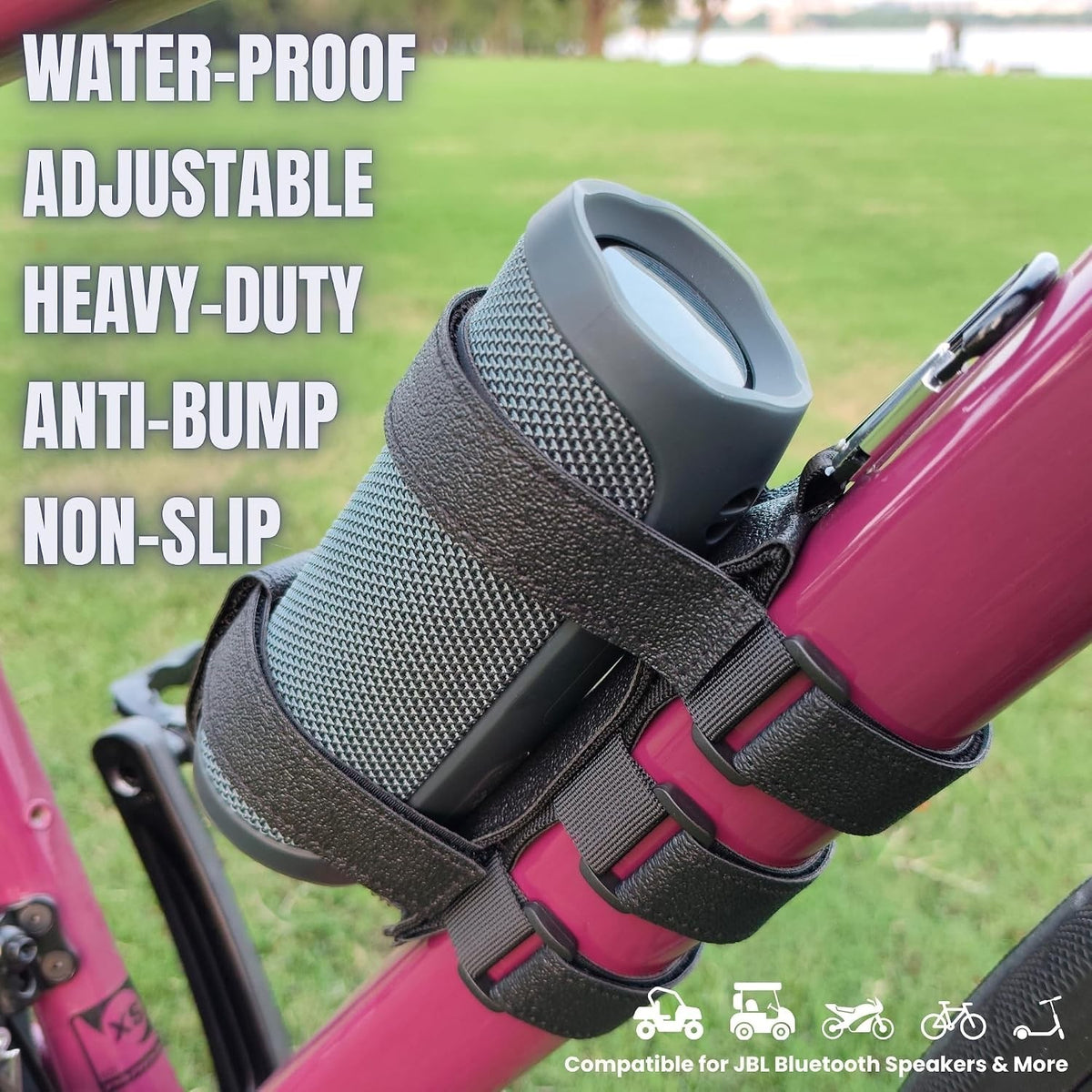 Golf Cart Bluetooth Speaker Mount - Heavy Duty Railing Strap for Portable Speakers