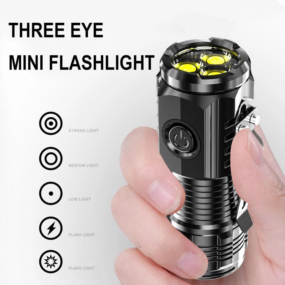 Mini Triple-Eyed Waterproof LED Flashlight - Rechargeable, Portable, Outdoor Use