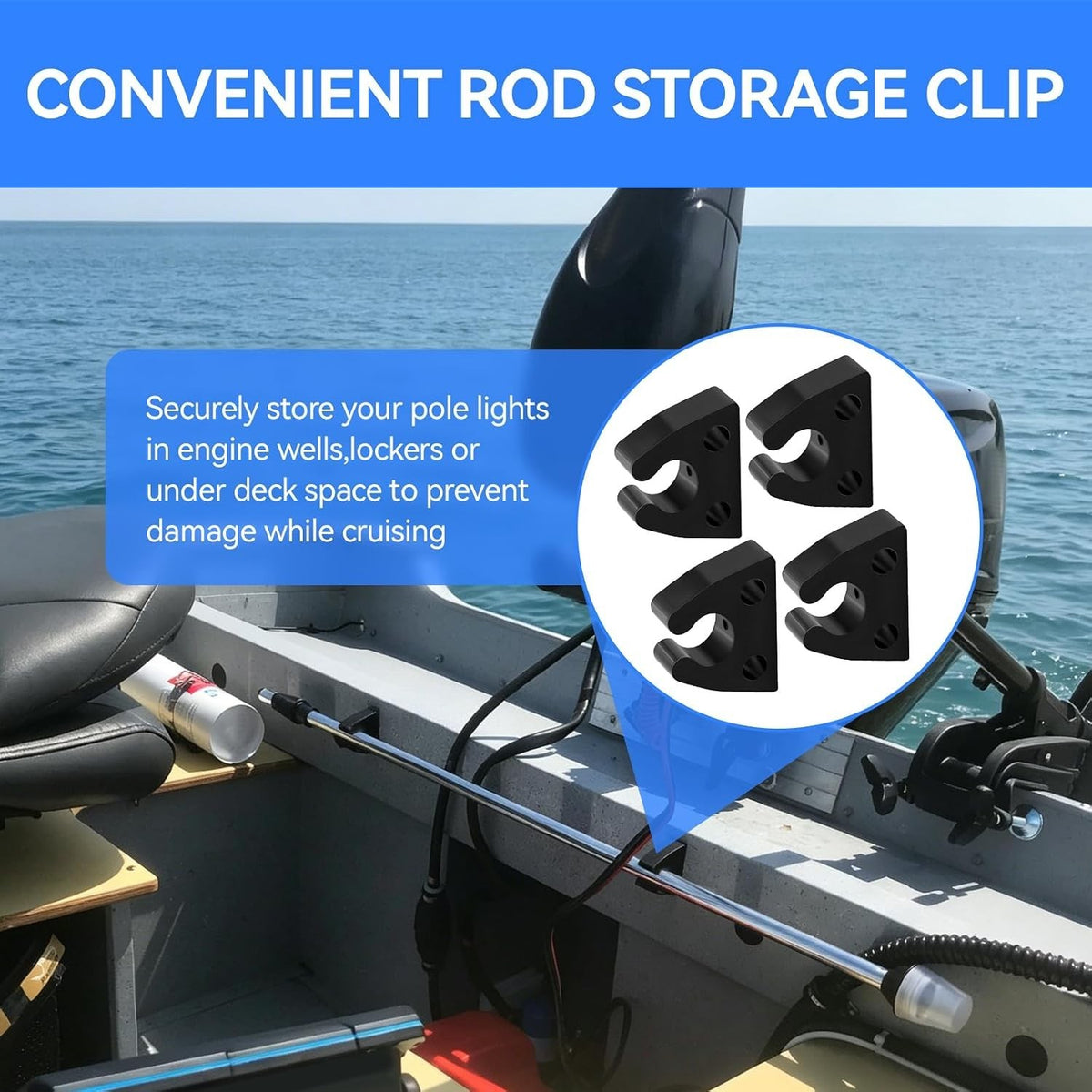 Marine Rubber Pole Light Storage Clips - 3/4 Inch Boat Pole Holders (4 Pack)