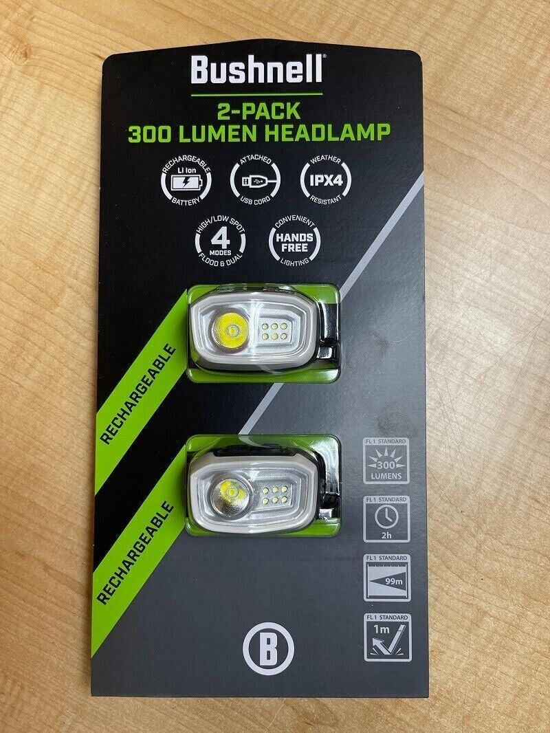 Bushnell 2-Pack 300 Lumen Rechargeable Headlamps - Waterproof, Hands-Free Lighting