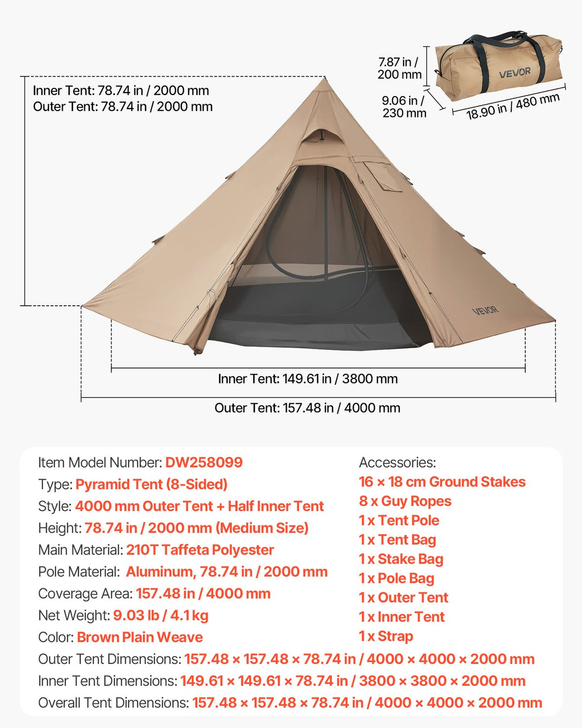 4 Person Camping Tipi Tent with Stove Jack - Lightweight Waterproof Shelter