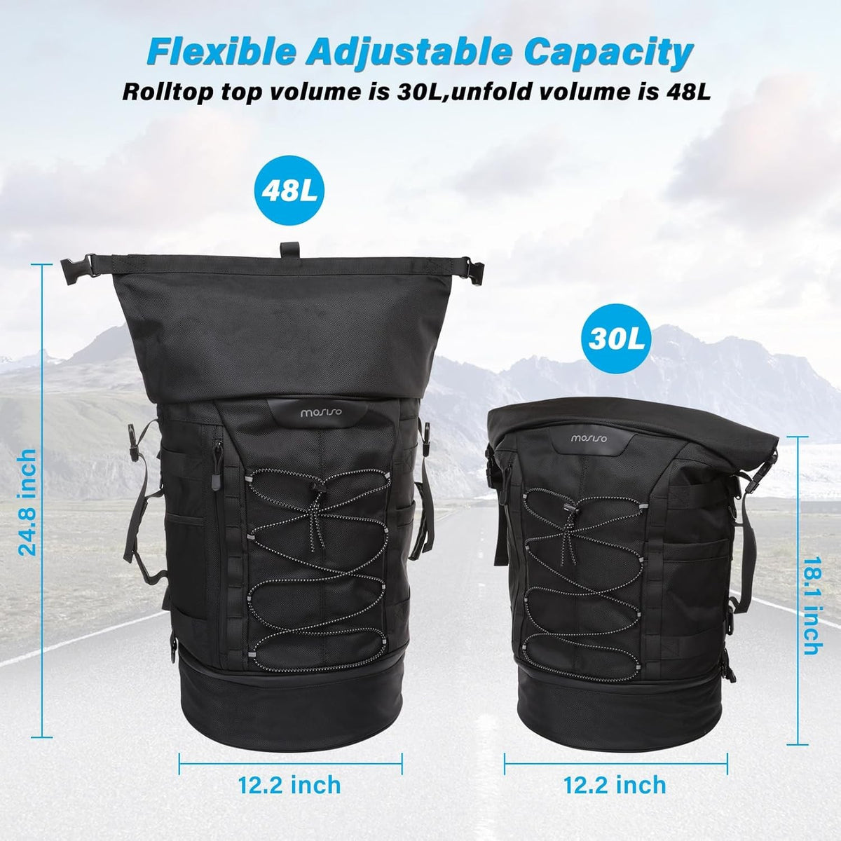 Motorcycle Sissy Bar Backrest Bag with Expandable Luggage & Rain Cover