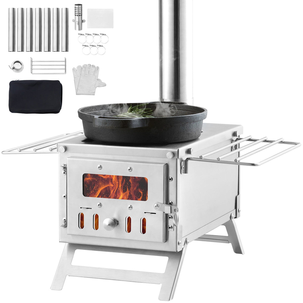 Portable Wood Stove for Camping and Outdoor Cooking with BBQ Plate