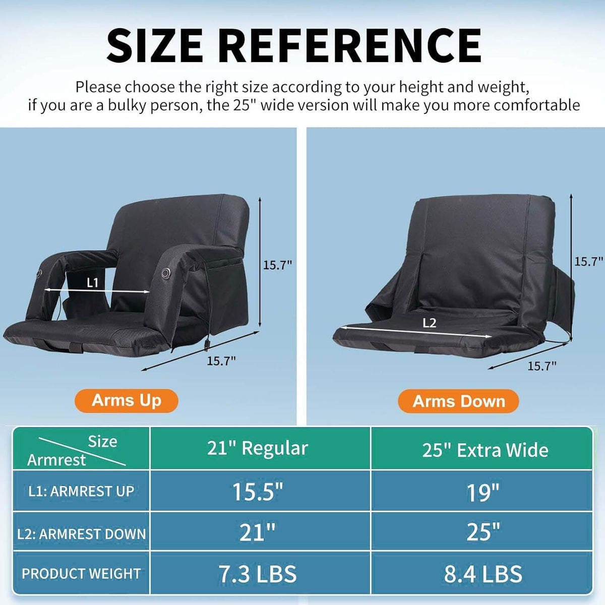 Heated Stadium Seat with Back Support & Reclining Positions - USB Power