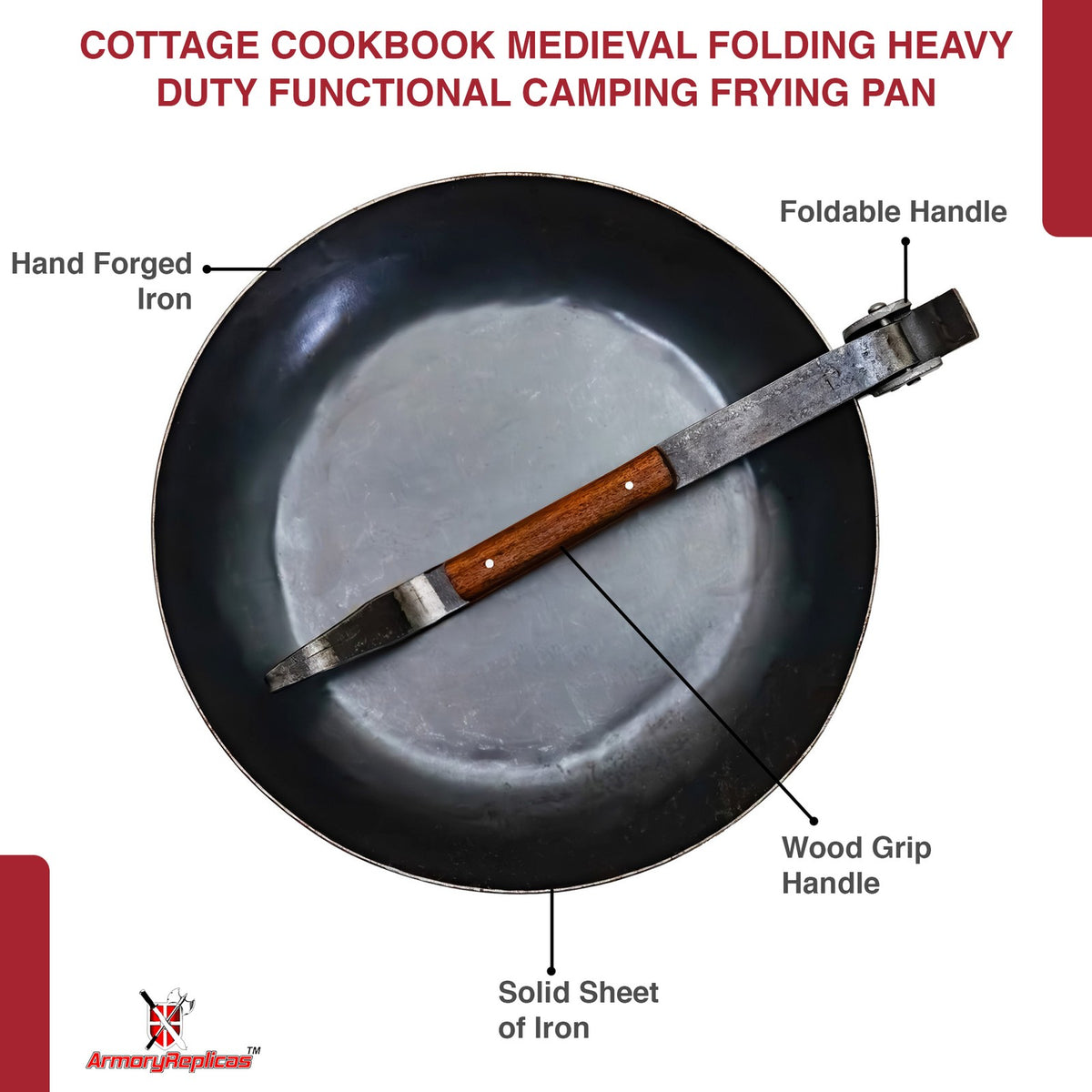 Heavy Duty Folding Camping Frying Pan with Walnut Handle - Outdoor Cookware