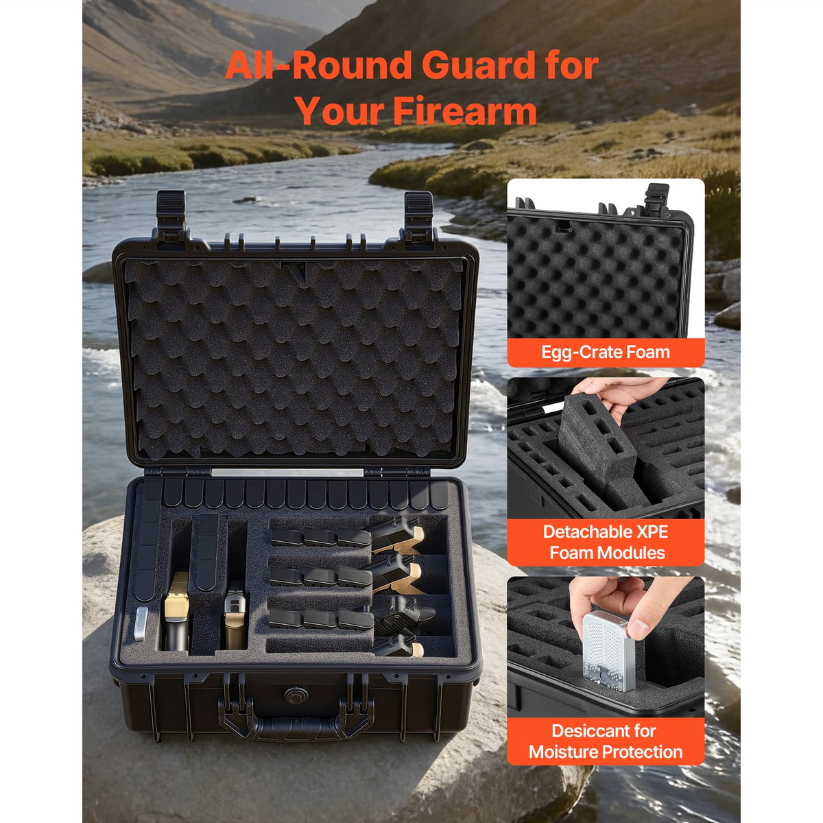 Hard Pistol Case with Foam Interior - Secure, Waterproof Gun Storage 18.7x12.5x7.5in